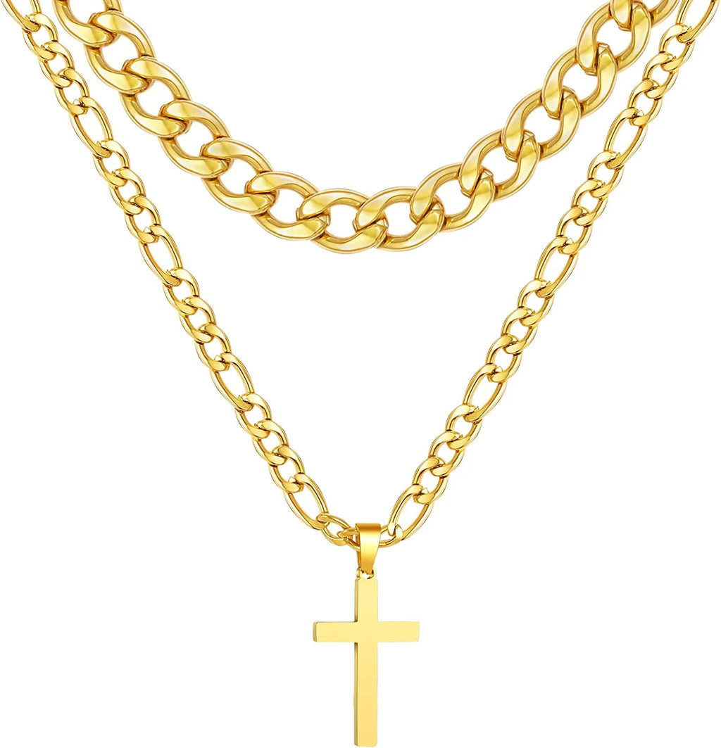 Layered Gold Cross Necklaces for Men Boys Stainless Steel Cuban Figaro Pendant Chain Set Religious Christian Birthday First Communion Easter Basket Stuffers Jewelry Gifts Him Teen Adults Kids