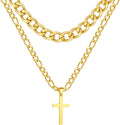 Layered Gold Cross Necklaces for Men Boys Stainless Steel Cuban Figaro Pendant Chain Set Religious Christian Birthday First Communion Easter Basket Stuffers Jewelry Gifts Him Teen Adults Kids