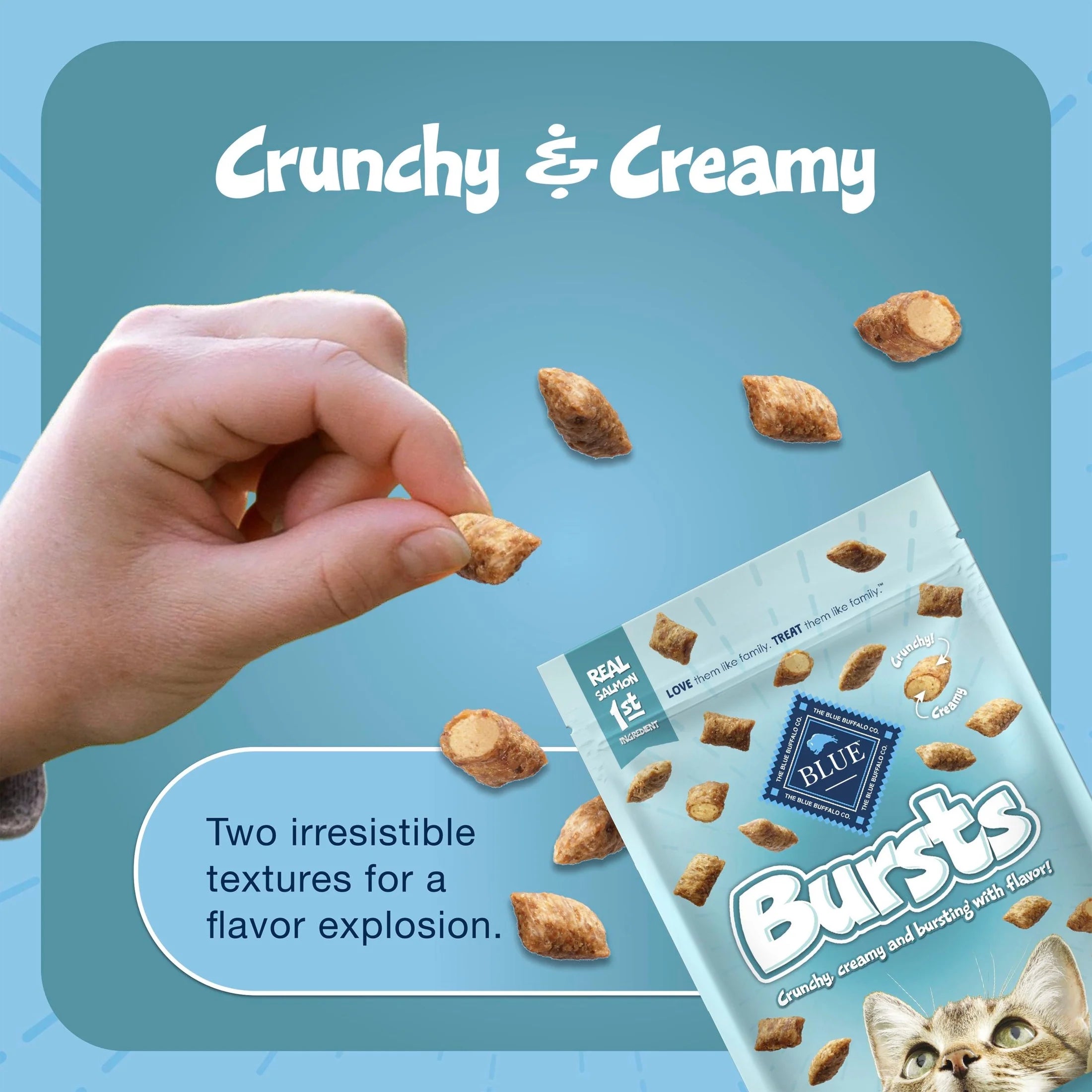 Bursts Crunchy & Creamy Cat Treats, Great for Training, Savory Seafood, 12-Oz Tub