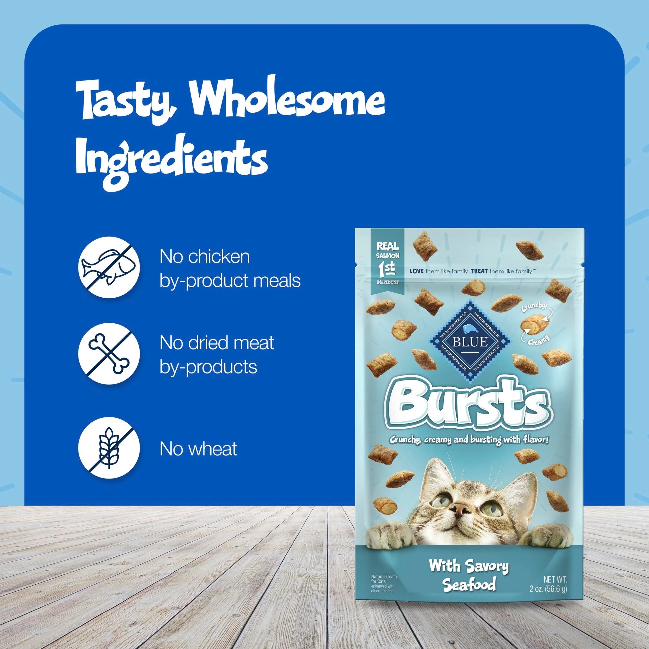 Bursts Crunchy & Creamy Cat Treats, Great for Training, Savory Seafood, 12-Oz Tub