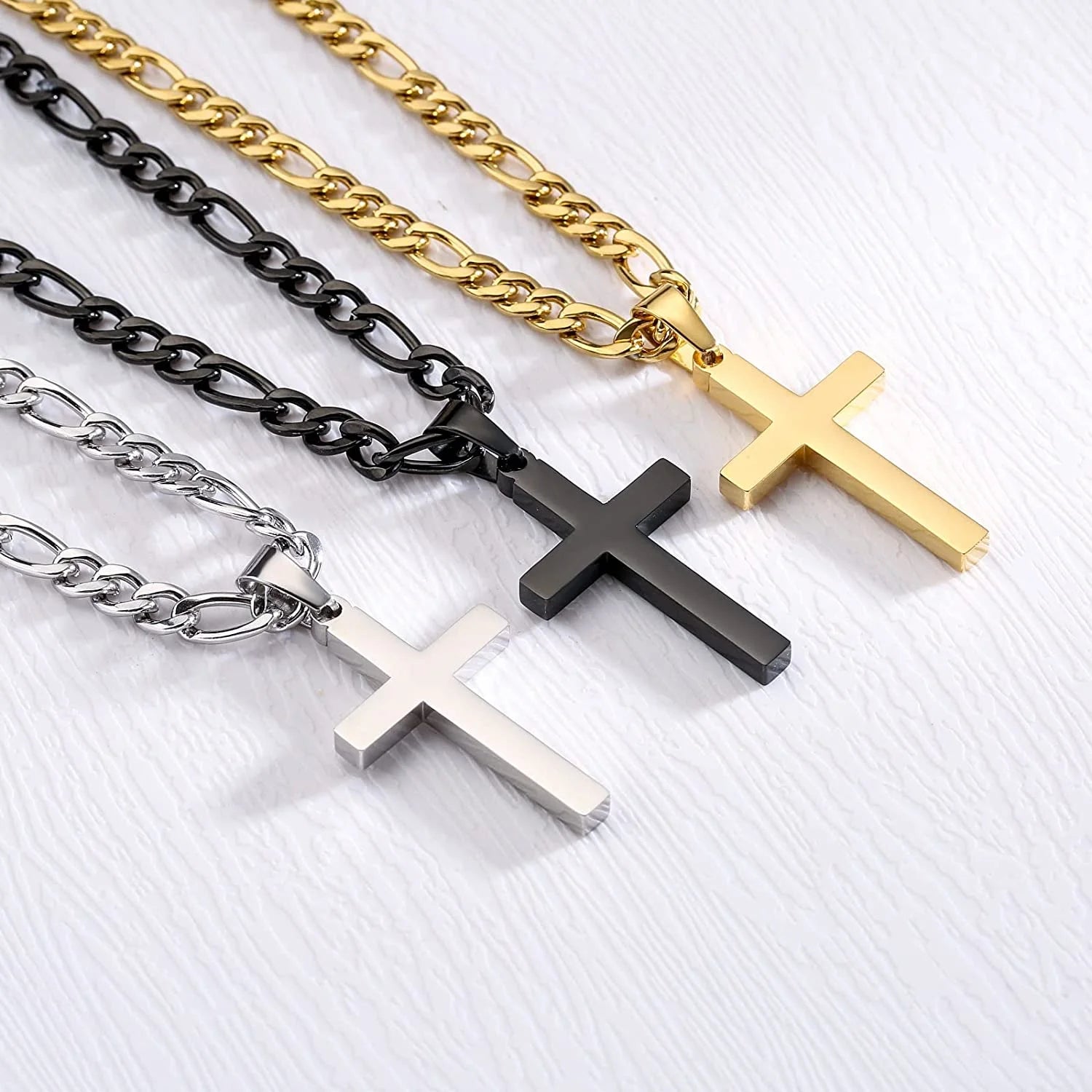 Layered Gold Cross Necklaces for Men Boys Stainless Steel Cuban Figaro Pendant Chain Set Religious Christian Birthday First Communion Easter Basket Stuffers Jewelry Gifts Him Teen Adults Kids