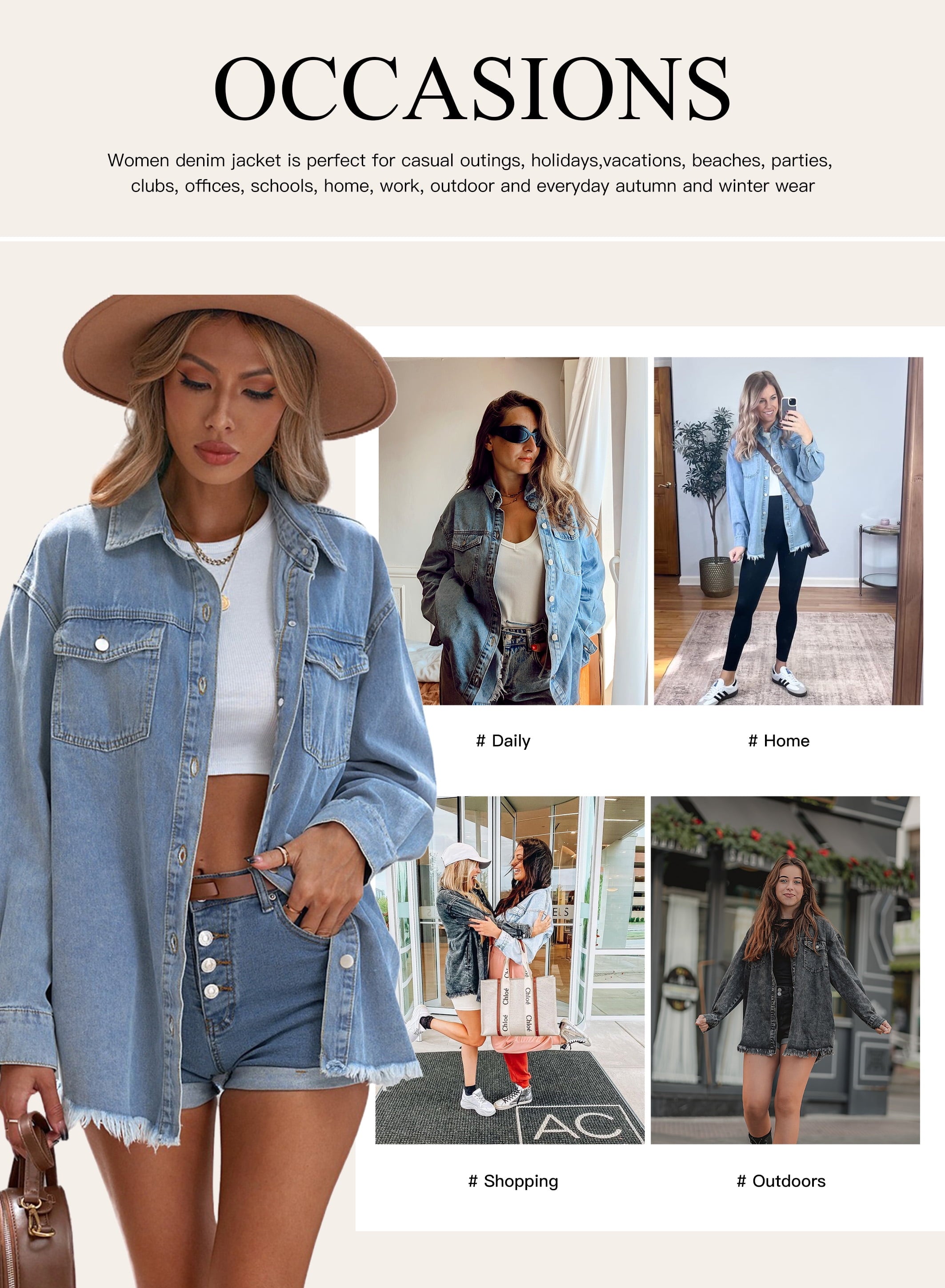 Denim Jacket for Women Long Sleeve Boyfriend Jean Jacket Loose Coat White XL Female